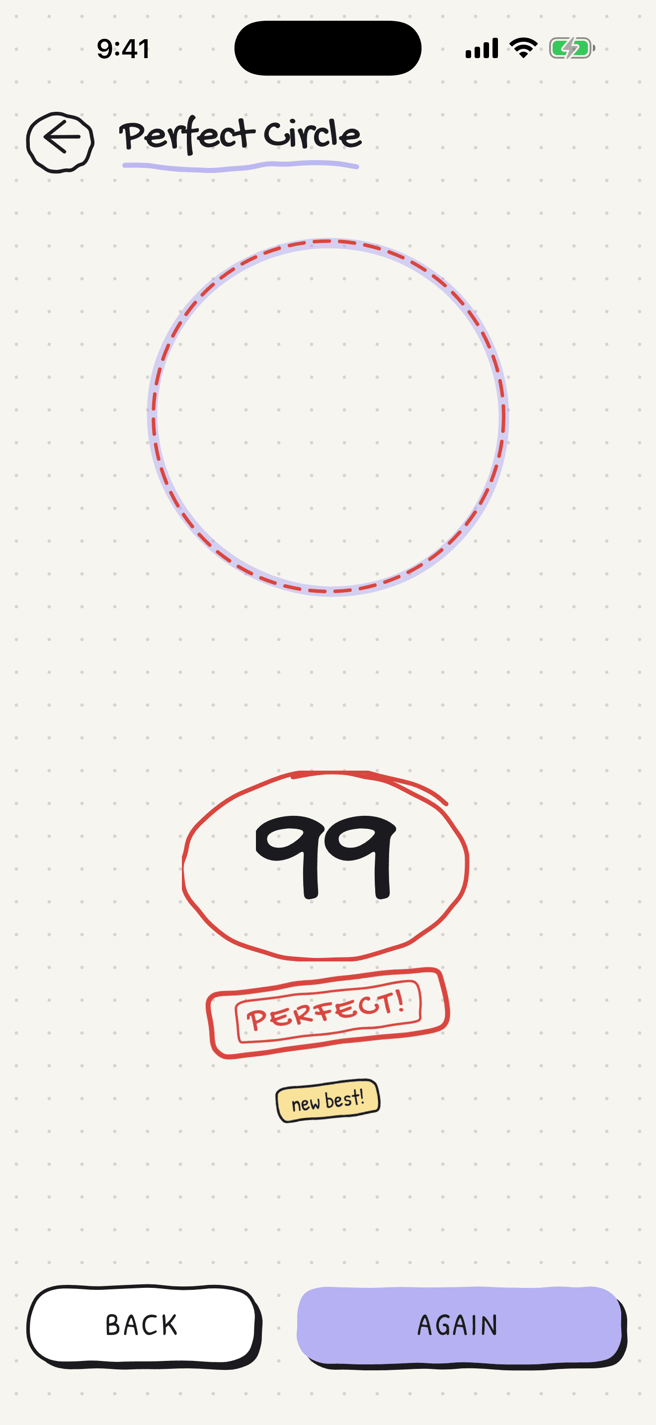 A Perfect Circle result screen: the score 99 circled in red pen, stamped PERFECT, with a new best sticker and the drawn circle above it.